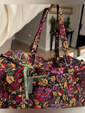 Vera Bradley Black Floral Quilted Travel Duffel with Red, Purple & Gold Accents